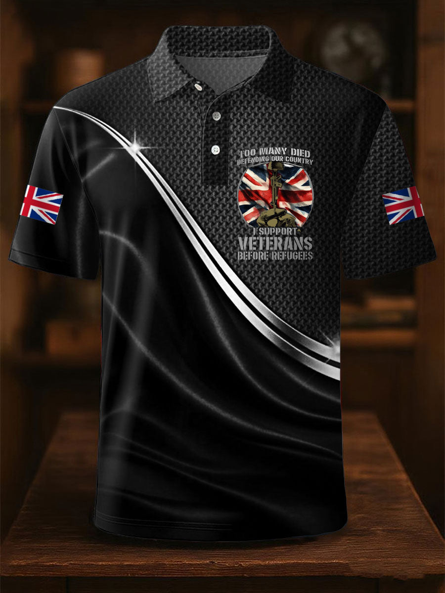 Men's UK Flag Immigration Veterans Before Refugees Printed Polo Shirt vetvanguards