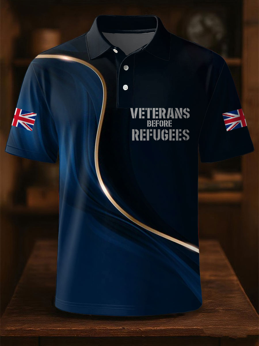 Men's UK Flag Immigration Veterans Before Refugees Printed Polo Shirt vetvanguards