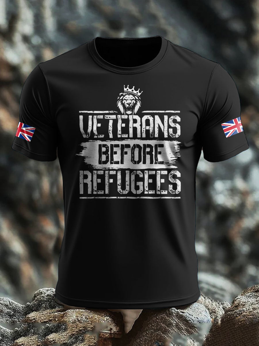 Men's UK Flag Immigration Veterans Before Refugees Printed T-shirt vetvanguards