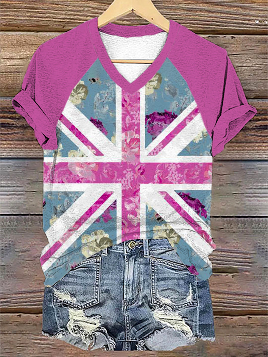 Women's Floral Flag Art Print V-neck T-shirt vetvanguards