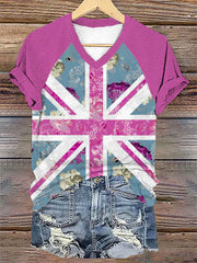 Women's Floral Flag Art Print V-neck T-shirt vetvanguards