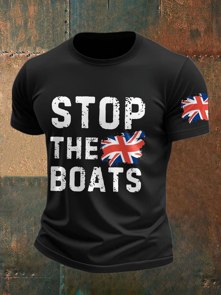 Men's UK Flag Immigration Stop The Boats Printed T-shirt vetvanguards