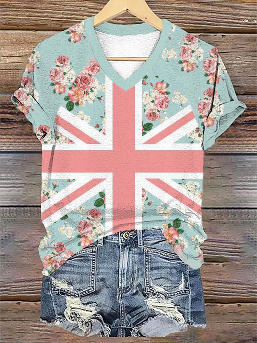 Women's Floral Flag Art Print V-neck T-shirt vetvanguards
