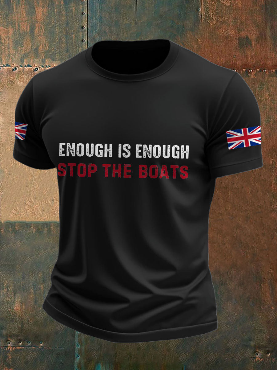 Men's UK Flag Immigration Stop The Boats Printed T-shirt vetvanguards