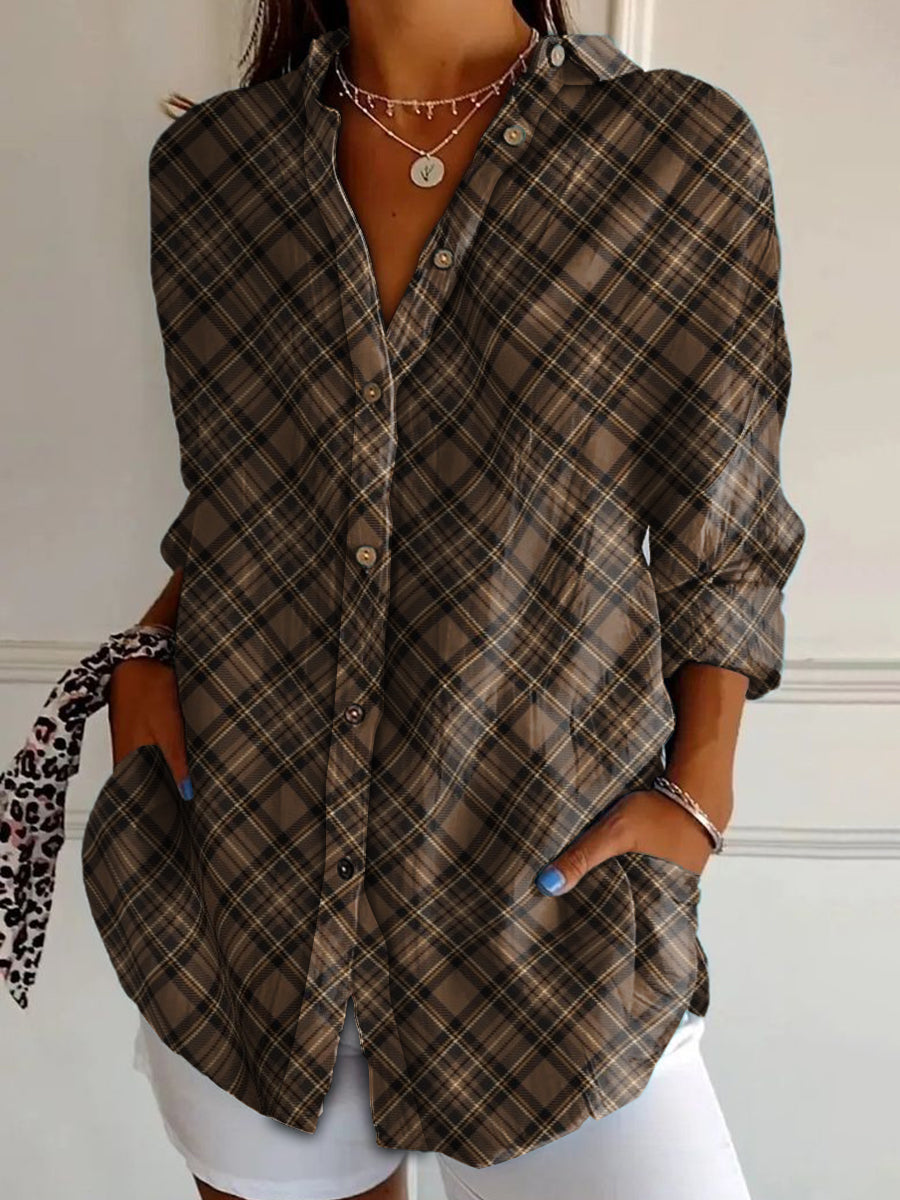 Women's Scottish Plaid Print Vintage Casual Long Sleeve Shirt vetvanguards
