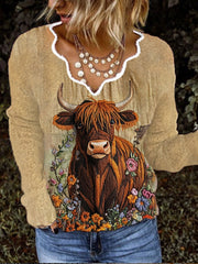 Women's Vintage Scotland Highland Cow Flower Casual Long Sleeve Top vetvanguards