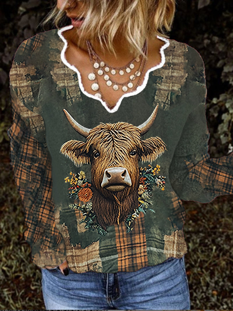 Women's Vintage Scotland Highland Cow Flower Casual Long Sleeve Top vetvanguards