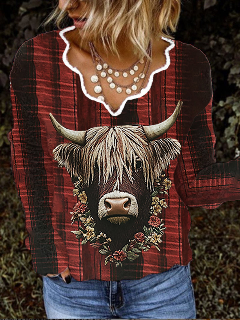 Women's Vintage Scotland Highland Cow Flower Casual Long Sleeve Top vetvanguards