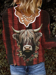 Women's Vintage Scotland Highland Cow Flower Casual Long Sleeve Top vetvanguards