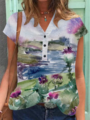Women's Vintage Scotland Art Print Cotton Linen Casual Short Sleeve Shirt vetvanguards
