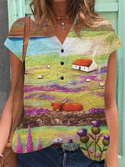 Women's Vintage Scotland Art Print Cotton Linen Casual Short Sleeve Shirt vetvanguards
