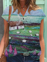 Women's Vintage Scotland Art Print Cotton Linen Casual Short Sleeve Shirt vetvanguards
