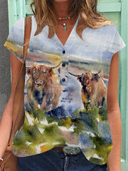 Women's Vintage Scotland Art Print Cotton Linen Casual Short Sleeve Shirt vetvanguards