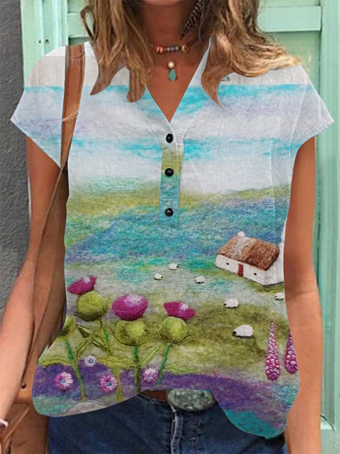 Women's Vintage Scotland Art Print Cotton Linen Casual Short Sleeve Shirt vetvanguards