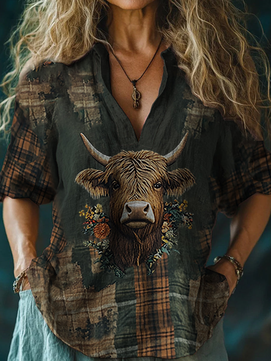 Women's Vintage Scotland Highland Cow Flower Casual Long Sleeve Shirt vetvanguards