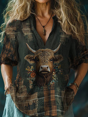 Women's Vintage Scotland Highland Cow Flower Casual Long Sleeve Shirt vetvanguards