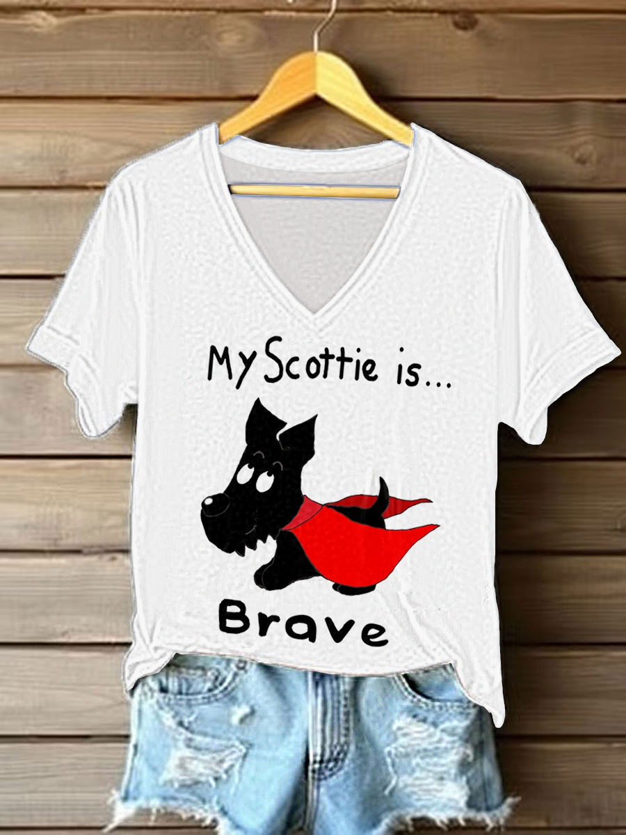 Women's Scottish Terrier Printed V-neck Short Sleeve T-shirt vetvanguards