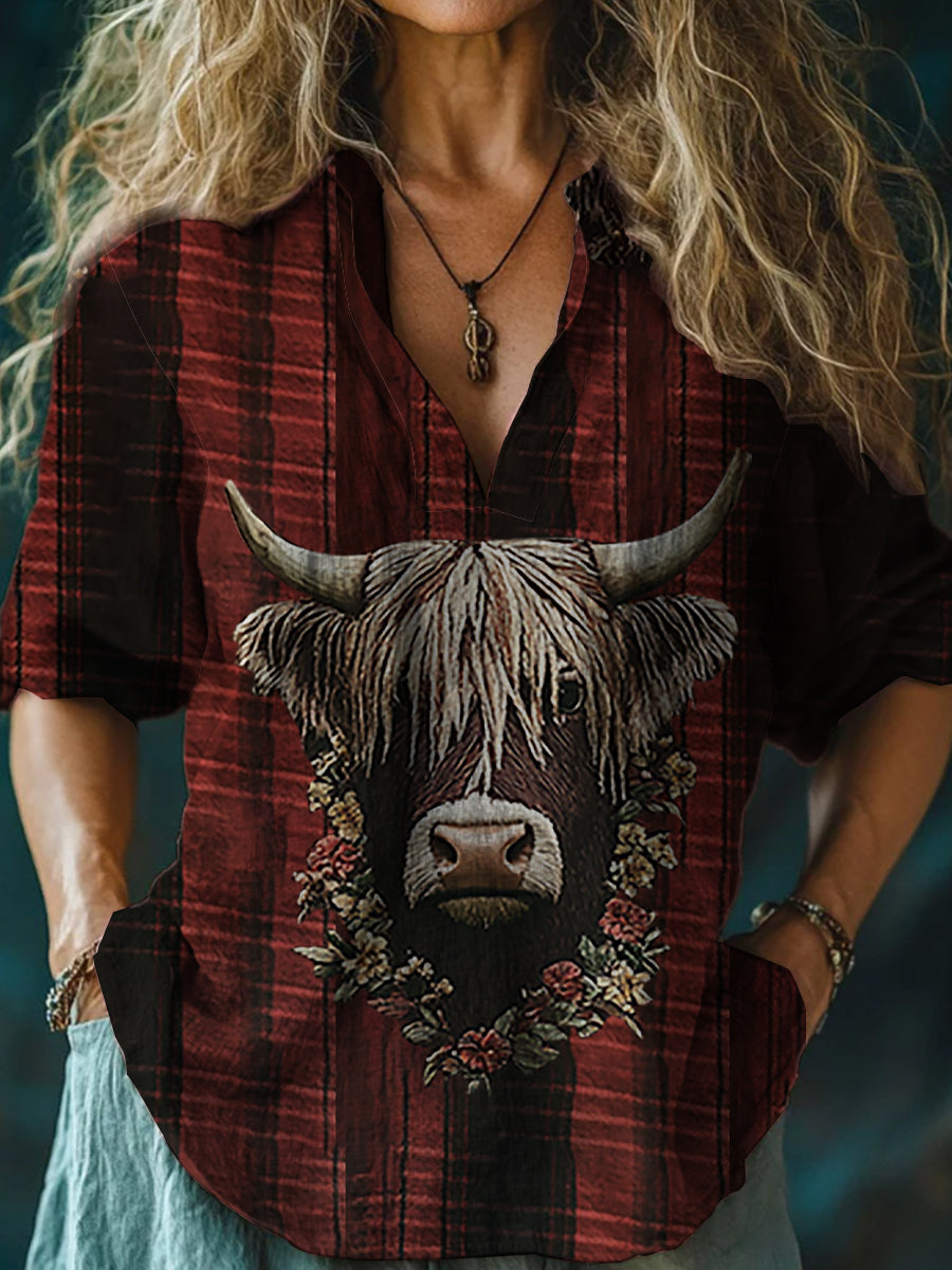 Women's  Vintage Scotland Highland Cow Flower Casual Long Sleeve Shirt vetvanguards