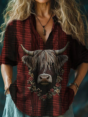 Women's  Vintage Scotland Highland Cow Flower Casual Long Sleeve Shirt vetvanguards