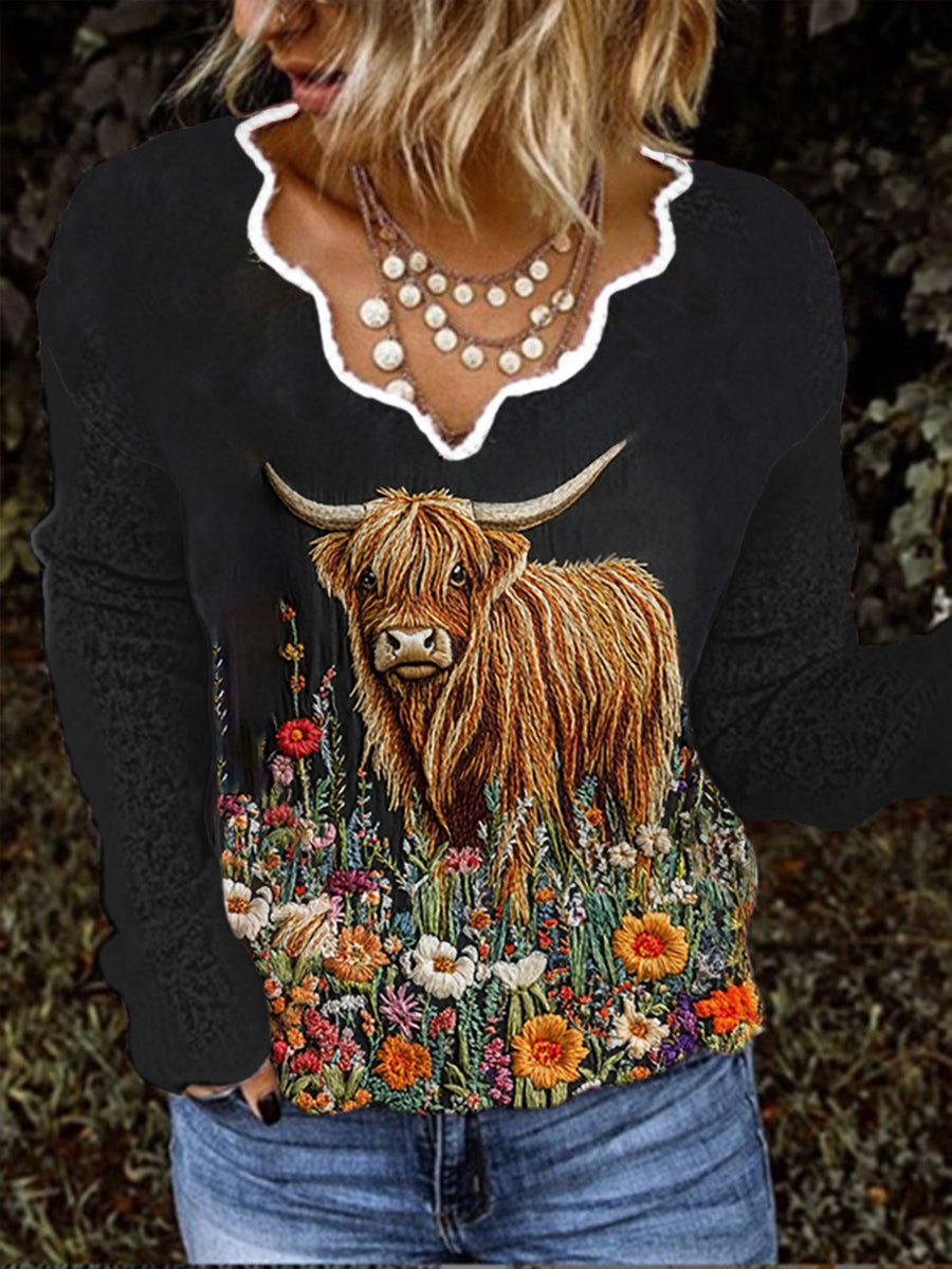 Women's Vintage Scotland Highland Cow Flower Casual Long Sleeve Top vetvanguards