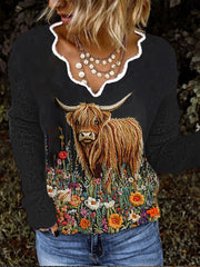 Women's Vintage Scotland Highland Cow Flower Casual Long Sleeve Top vetvanguards