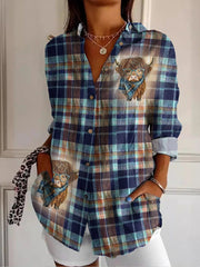 Women's Scottish Plaid Highland Cow Print Vintage Casual Long Sleeve Shirt vetvanguards