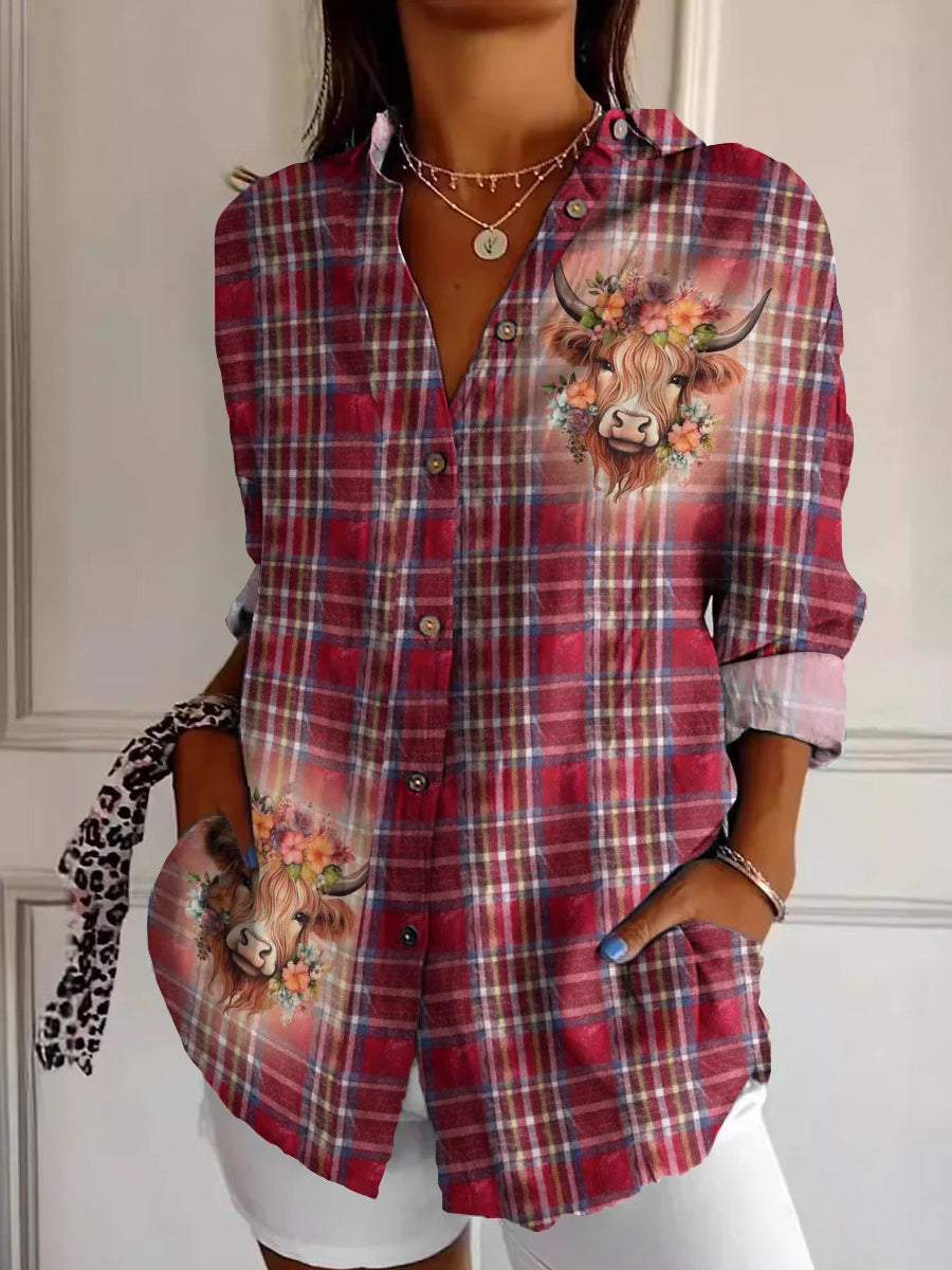 Women's Scottish Plaid Highland Cow Print Vintage Casual Long Sleeve Shirt vetvanguards