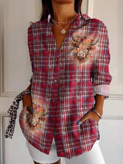 Women's Scottish Plaid Highland Cow Print Vintage Casual Long Sleeve Shirt vetvanguards