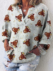 Women's Scottish Highland Cow Print Vintage Casual Long Sleeve Shirt vetvanguards