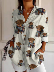 Women's Scottish Plaid Highland Cow Print Vintage Casual Long Sleeve Shirt vetvanguards