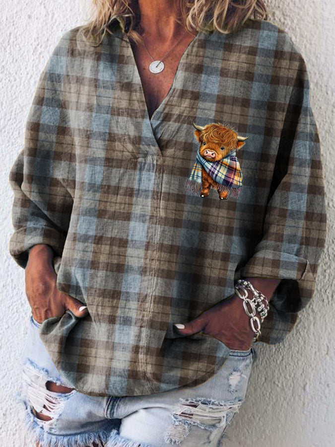 Women's Scottish Plaid Highland Cow Print Vintage Casual Long Sleeve Shirt vetvanguards