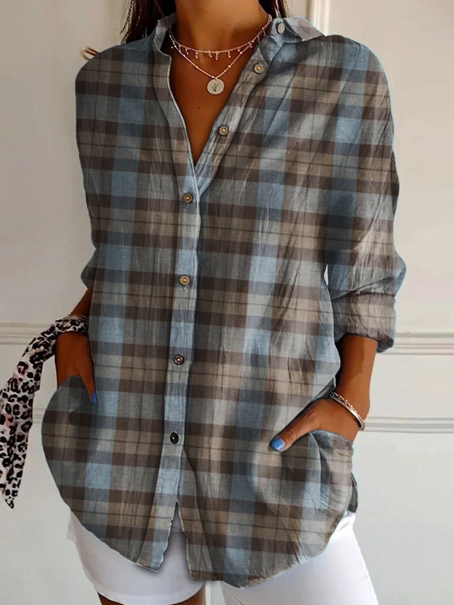 Women's Scottish Plaid Print Vintage Casual Long Sleeve Shirt vetvanguards