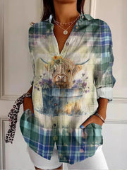 Women's Scottish Plaid Highland Cow Print Vintage Casual Long Sleeve Shirt vetvanguards