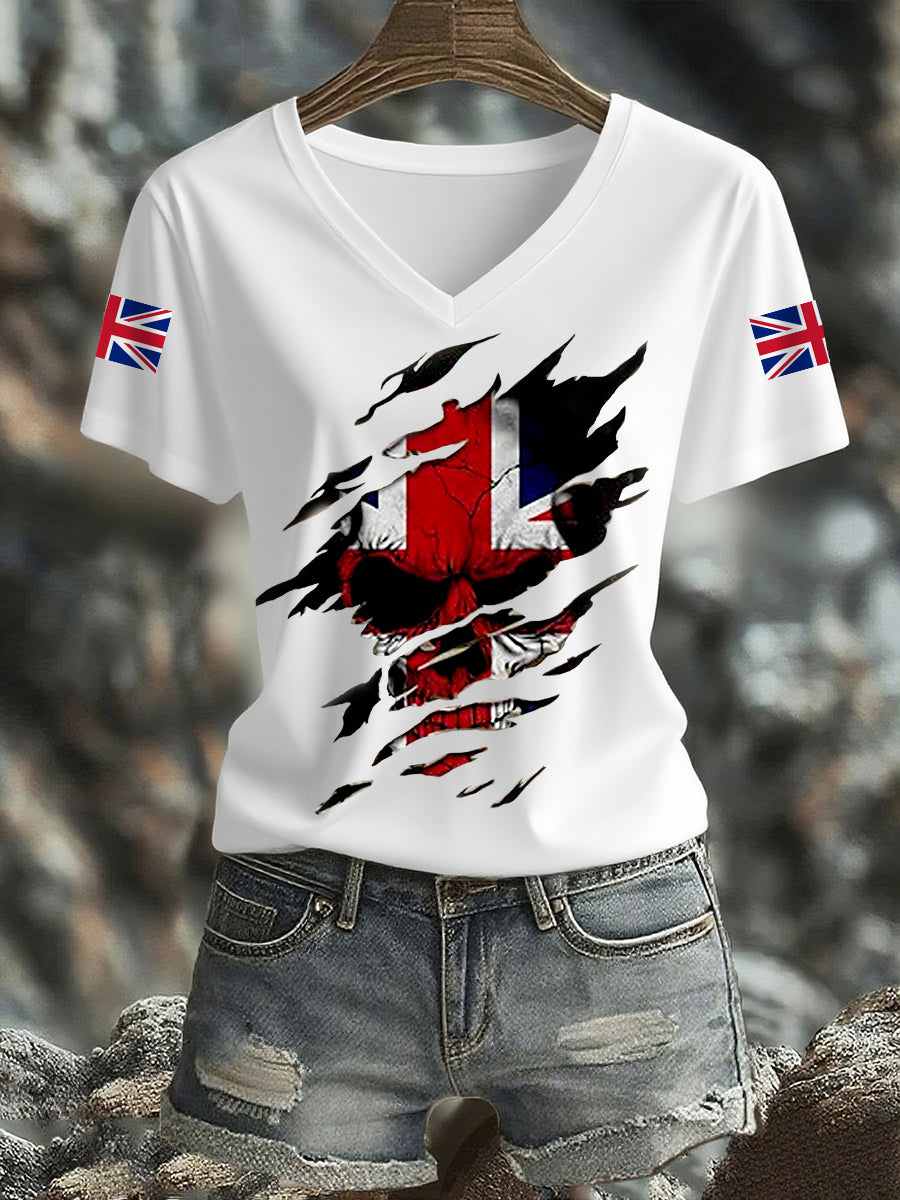 Women's UK Flag Skull Print Casual V-Neck Tee vetvanguards