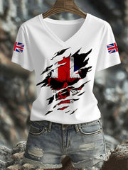 Women's UK Flag Skull Print Casual V-Neck Tee vetvanguards