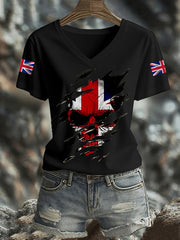 Women's UK Flag Skull Print Casual V-Neck Tee vetvanguards