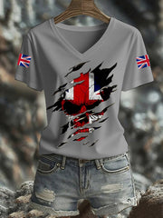 Women's UK Flag Skull Print Casual V-Neck Tee vetvanguards