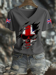 Women's UK Flag Skull Print Casual V-Neck Tee vetvanguards