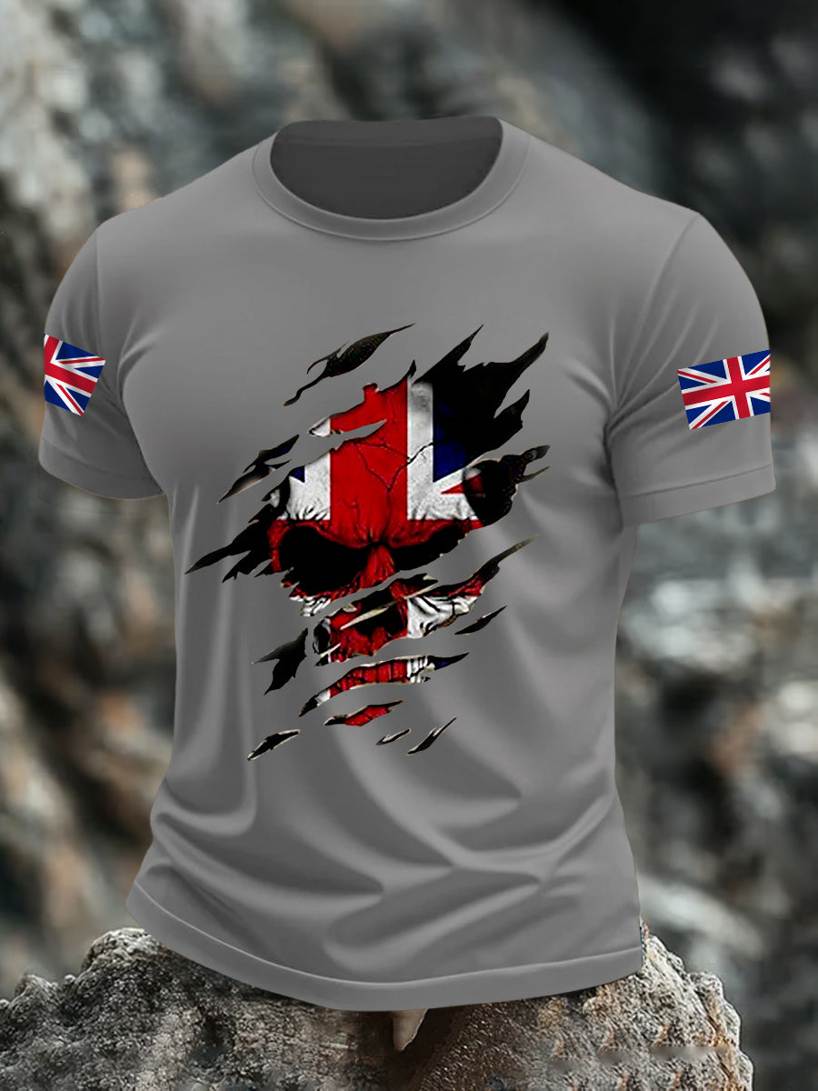 Men's UK Flag Skull Print Casual Tee vetvanguards