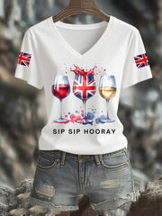 Women's Union Jack Red Wine Glass Short Sleeve T-Shirt vetvanguards