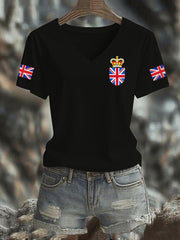Women's Vintage England Flag Casual Printed V-neck T-Shirt vetvanguards