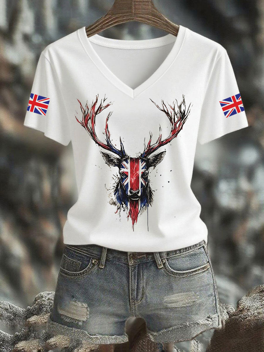 Women's Vintage England Flag Casual Printed V-neck T-Shirt vetvanguards