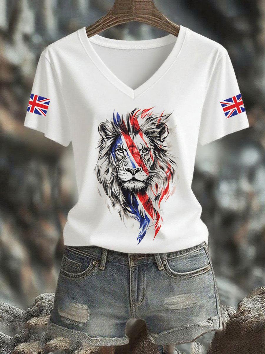 Women's Vintage England Flag Casual Printed V-neck T-Shirt vetvanguards