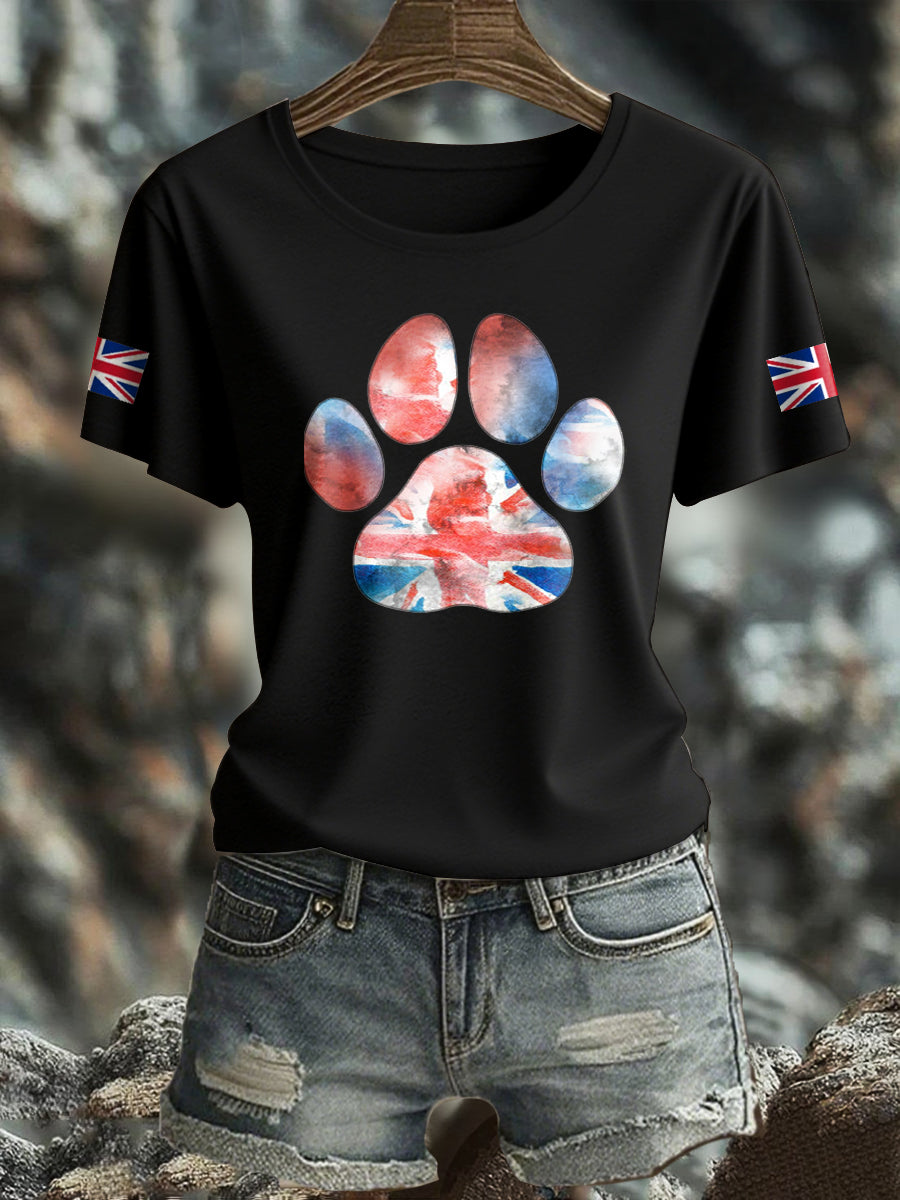 Women's UK Flag Watercolor Paws Printed T-shirt vetvanguards