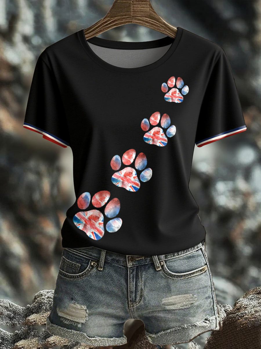 Women's UK Flag Watercolor Paws Printed T-shirt vetvanguards