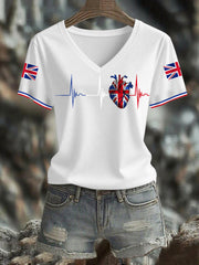 Women's UK Flag Heartbeat Print Casual V-Neck Tee vetvanguards