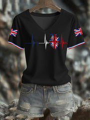 Women's UK Flag Heartbeat Print Casual V-Neck Tee vetvanguards