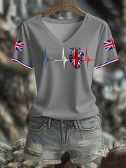 Women's UK Flag Heartbeat Print Casual V-Neck Tee vetvanguards