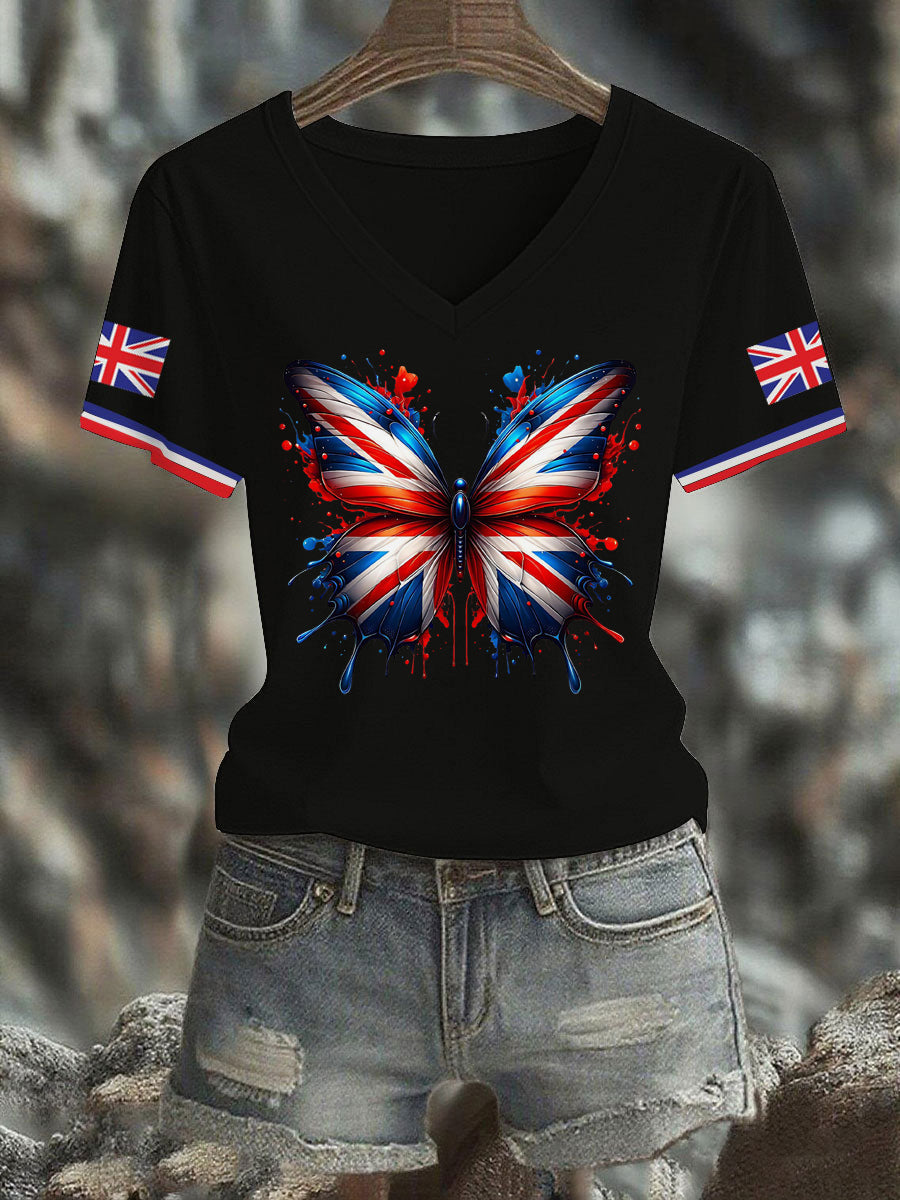 Women's Vintage England Flag Casual Printed V-neck T-shirt vetvanguards