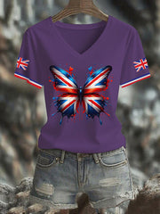 Women's Vintage England Flag Casual Printed V-neck T-shirt vetvanguards
